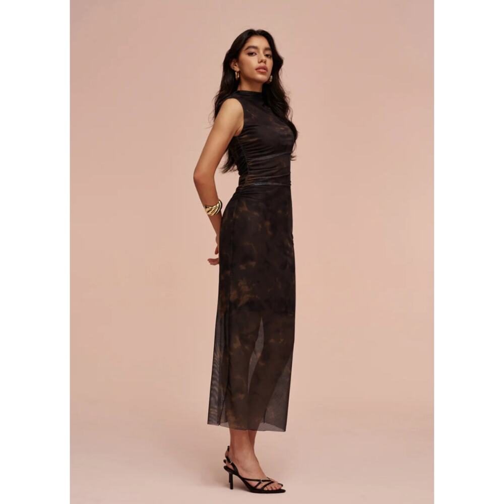 Commense Dark Brown Ruched Mesh Mock Neck Maxi Dress L NWT - Euro Chic
